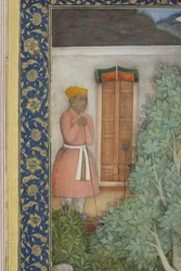 Detalj fra keiser Jahangir med hellige menn i en hage, ca. 1615 (ugjennomsiktig wc og gull på papir)